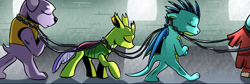 Size: 1269x425 | Tagged: artist needed, safe, derpibooru import, edit, changeling, diamond dog, dragon, yak, comic:revolution of harmony, chains, cropped, prisoners