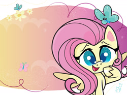 Size: 1734x1300 | Tagged: safe, derpibooru import, fluttershy, butterfly, pegasus, pony, my little pony: pony life, abstract background, book, cute, daaaaaaaaaaaw, female, flower, mare, official, open mouth, pony life: meet the ponies, shyabetes, solo