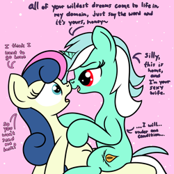 Size: 2000x2000 | Tagged: safe, artist:dafiltafish, derpibooru import, bon bon, lyra heartstrings, sweetie drops, oc, oc:hedone, earth pony, unicorn, comic:day by day, boop, dialogue, female, lesbian, lyrabon, noseboop, scrunchy face, shapeshifter, shipping