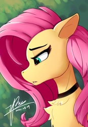 Size: 822x1180 | Tagged: safe, artist:zpdea, derpibooru import, fluttershy, pegasus, pony, bust, chest fluff, choker, chokershy, cute, female, mare, painting, portrait, sad, shyabetes, solo