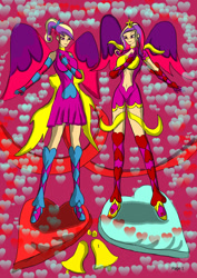 Size: 1240x1754 | Tagged: safe, artist:foxgearstudios, derpibooru import, princess cadance, human, abstract background, clothes, duality, duo, female, humanized, skirt, spread wings, time paradox, winged humanization, wings