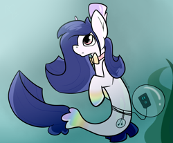 Size: 852x706 | Tagged: safe, artist:anonymoussbat, derpibooru import, oc, oc only, merpony, pony, seapony (g4), unicorn, blue background, blue mane, bubble, crepuscular rays, female, fish tail, flowing mane, flowing tail, horn, mp3 player, ocean, pink eyes, ribbon, seaponified, seaweed, simple background, solo, species swap, sunlight, swimming, tail, underwater, water
