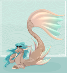 Size: 887x966 | Tagged: safe, artist:cyanreef, derpibooru import, oc, oc only, hybrid, merpony, seapony (g4), blue mane, brown eyes, dorsal fin, eyelashes, fish tail, flowing mane, flowing tail, green background, grin, lying down, simple background, smiling, solo, tail