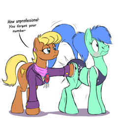 Size: 4096x4096 | Tagged: safe, artist:naivintage, derpibooru import, ms. harshwhinny, oc, oc:spearmint, earth pony, pony, blushing, butt smack, butt touch, clothes, crossdressing, female, male, mare, olympics, raised tail, sports bra, sports outfit, sports panties, stallion, tail