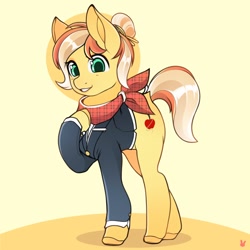 Size: 1200x1200 | Tagged: safe, artist:sugarelement, derpibooru import, oc, oc only, oc:fruitlines, earth pony, pony, clothes, female, flight attendant, looking at you, mare, smiling, smiling at you, uniform