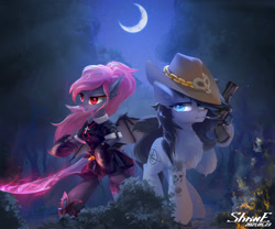 Size: 2400x2000 | Tagged: safe, artist:coldrivez, derpibooru import, oc, oc only, bat pony, pony, cigarette, clothes, duo, female, gun, handgun, hat, mare, moon, night, revolver, smoking, weapon