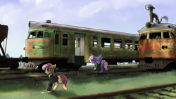 Size: 1852x1041 | Tagged: safe, artist:subway777, derpibooru import, oc, oc only, earth pony, pegasus, pony, train, trio