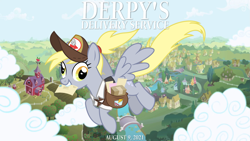 Size: 2063x1161 | Tagged: safe, artist:not-yet-a-brony, derpibooru import, derpy hooves, pegasus, flying, hayao miyazaki, kiki's delivery service, lyrics in the description, mailmare, movie reference, ponyville, studio ghibli, youtube link in the description