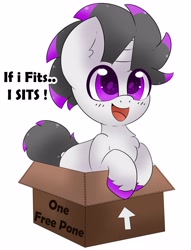 Size: 2912x3821 | Tagged: safe, alternate version, artist:pegamutt, derpibooru import, oc, oc only, oc:haze rad, pony, unicorn, alternate character, box, chest fluff, commission, commissioner:biohazard, cute, dialogue, high res, highlights, horn, if i fits i sits, male, ocbetes, open mouth, open smile, pony in a box, simple background, smiling, smol, solo, stallion, unicorn oc, white background, ych result