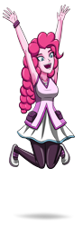 Size: 1296x3510 | Tagged: safe, artist:artemis-polara, derpibooru import, pinkie pie, equestria girls, breasts, clothes, jumping, open mouth, simple background, skirt, smiling, solo, transparent background