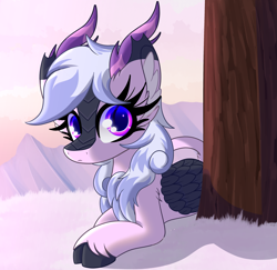 Size: 3399x3301 | Tagged: safe, artist:windykirin, derpibooru import, oc, oc:glacial aura, kirin, female, lying down, mountain, snow, solo, tree