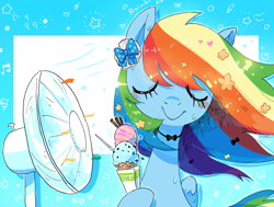 Size: 3176x2400 | Tagged: safe, artist:nendo, derpibooru import, rainbow dash, pegasus, pony, abstract background, blue eyes, cute, dashabetes, eyes closed, fan, food, ice cream, jewelry, necklace, paper, ribbon, sweat