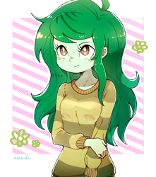 Size: 2112x2394 | Tagged: safe, artist:nendo, derpibooru import, wallflower blush, equestria girls, blushing, breasts, clothes, cute, female, flowerbetes, freckles, solo, sweater