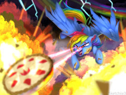 Size: 2930x2212 | Tagged: safe, artist:sketchiix3, derpibooru import, evil pie hater dash, rainbow dash, pegasus, pony, secrets and pies, destruction, explosion, eye beams, fangs, female, food, high res, lightning, mare, open mouth, pie, rainbow trail, solo