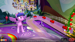 Size: 1920x1080 | Tagged: safe, derpibooru import, twilight sparkle, twilight sparkle (alicorn), alicorn, pony, g4, 3d, apple, canterlot, food, my little pony logo, my little pony pinball, official, pinball, text, video game, watermark