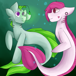 Size: 627x627 | Tagged: safe, artist:corporalfishy, derpibooru import, oc, oc only, merpony, seapony (g4), bubble, crepuscular rays, dorsal fin, fish tail, gills, glow, looking at each other, ocean, purple eyes, smiling, solo, swimming, tail, underwater, water