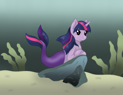Size: 2785x2154 | Tagged: safe, artist:dalekwithakeyblade, derpibooru import, twilight sparkle, merpony, pony, unicorn, art trade, crepuscular rays, female, fish tail, flowing mane, flowing tail, horn, lying down, mermaid tail, ocean, purple eyes, rock, sand, seaponified, seapony twilight, seaweed, solo, species swap, tail, underwater, water