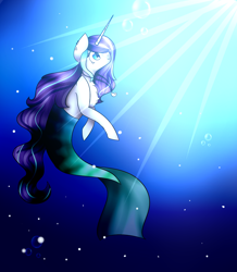 Size: 1366x1568 | Tagged: safe, artist:sweet-evergreen, derpibooru import, oc, oc only, merpony, pony, unicorn, blue eyes, bubble, chest fluff, crepuscular rays, female, fish tail, flowing tail, horn, jewelry, looking up, mermaid tail, necklace, ocean, purple mane, seaponified, smiling, solo, species swap, sunlight, swimming, tail, underwater, water