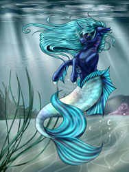 Size: 2121x2828 | Tagged: safe, artist:crazyaniknowit, derpibooru import, oc, oc only, merpony, pony, unicorn, blue mane, bubble, coral, crepuscular rays, dorsal fin, fins, fish tail, flowing mane, flowing tail, green eyes, horn, looking at you, mermaid tail, ocean, rock, sand, seaponified, seaweed, solo, species swap, sunlight, swimming, tail, underwater, water