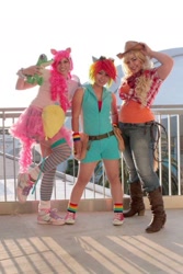 Size: 1057x1585 | Tagged: safe, derpibooru import, applejack, gummy, pinkie pie, rainbow dash, human, 2012, am2, boots, clothes, converse, cosplay, costume, cowboy boots, cowboy hat, hat, irl, irl human, photo, plushie, shoes