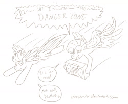 Size: 1961x1597 | Tagged: safe, artist:unoservix, derpibooru import, fluttershy, rainbow dash, pegasus, pony, 2012, boombox, danger zone, kenny loggins, pencil drawing, rainbow dash is not amused, song reference, speech bubble, traditional art, unamused