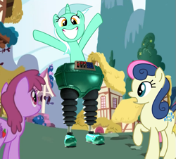 Size: 627x566 | Tagged: safe, derpibooru import, berry punch, berryshine, bon bon, lyra heartstrings, sweetie drops, pony, clothes, female, pants, ponyville, robot legs, techno trousers, that pony sure does love humans, the wrong trousers, wallace and gromit