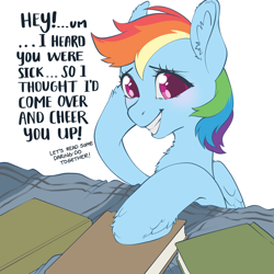 Size: 3000x3000 | Tagged: safe, artist:taytinabelle, derpibooru import, rainbow dash, pegasus, pony, bed, blushing, book, chest fluff, cute, dashabetes, dialogue, ear fluff, ears, female, get well soon, grin, hoof fluff, looking at you, mare, offscreen character, sheepish grin, simple background, smiling, smiling at you, solo, talking, talking to viewer, text, unshorn fetlocks, white background