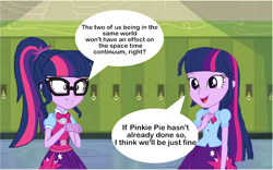 Size: 640x400 | Tagged: safe, derpibooru import, sci-twi, twilight sparkle, equestria girls, canterlot high, dialogue, female, hallway, lockers, self paradox, speech bubble, text, twilight day, twolight