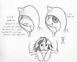 Size: 600x483 | Tagged: safe, artist:srmario, derpibooru import, oc, oc only, pony, unicorn, broken horn, bust, creepy, dialogue, female, grayscale, hood, horn, mare, monochrome, pillow, scared, traditional art, unicorn oc, wide eyes