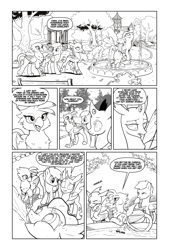 Size: 1280x1889 | Tagged: safe, artist:pencils, derpibooru import, oc, changeling, griffon, pegasus, seapony (g4), comic, fountain, monochrome