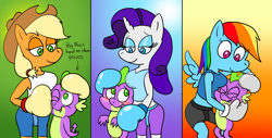 Size: 1920x976 | Tagged: source needed, safe, artist:strangefacts101, derpibooru import, applejack, rainbow dash, rarity, spike, anthro, boxing, boxing gloves, clothes, hug, noogie, shorts, sports, tanktop