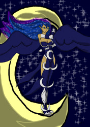 Size: 1240x1754 | Tagged: safe, artist:foxgearstudios, derpibooru import, princess luna, human, clothes, crescent moon, ethereal mane, female, humanized, moon, solo, spread wings, starry mane, transparent moon, winged humanization, wings