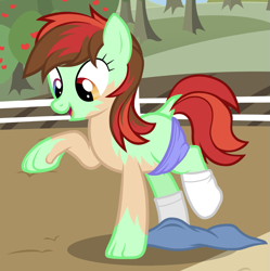 Size: 1129x1134 | Tagged: safe, artist:anonymous, candy apples, earth pony, pony, apple family member, boxers, clothes, dock, female, fusing fingers, happy, heterochromia, human to pony, mare, mid-transformation, open mouth, open smile, pants, raised hoof, raised leg, shorts, show accurate, smiling, socks, solo, species swap, transformation, transgender transformation, underwear