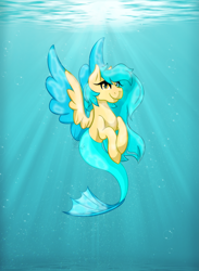 Size: 2097x2859 | Tagged: safe, artist:cyanreef, derpibooru import, oc, oc only, merpony, blue mane, bubble, crepuscular rays, eyelashes, feather, fish tail, flowing mane, flowing tail, golden eyes, looking at you, mermaid tail, ocean, signature, smiling, solo, spread wings, sunlight, swimming, tail, underwater, water, wings