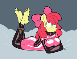 Size: 3300x2550 | Tagged: safe, artist:latexia, derpibooru import, apple bloom, anthro, earth pony, plantigrade anthro, apple bloom's bow, apple bloomed, barcode, barefoot, blushing, bodysuit, bondage, bow, breasts, clothes, commission, eye clipping through hair, eyebrows, eyebrows visible through hair, feet, female, fetish, foot fetish, hair bow, high res, latex, latex suit, looking back, lying, lying down, mare, nervous, no catchlights, no pupils, prone, rope, rope bondage, shiny, signature, simple background, soles, solo, straitjacket, tight clothing, toes