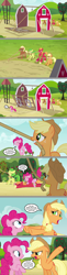 Size: 1136x4631 | Tagged: safe, artist:silverbuller, derpibooru import, edit, edited screencap, screencap, apple fritter, applejack, big macintosh, meadow song, pinkie pie, earth pony, pony, too many pinkie pies, angry, apple family member, applejack's hat, clothes, comic, cowboy hat, epic fail, fail, hat, male, meta, open mouth, screencap comic, speech bubble