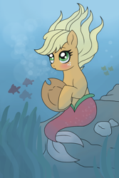 Size: 640x960 | Tagged: safe, artist:unoriginai, derpibooru import, applejack, earth pony, fish, merpony, pony, applejack's hat, blushing, bubble, clothes, cowboy hat, crepuscular rays, cute, female, fish tail, flowing mane, flowing tail, green eyes, hat, jackabetes, mermaid tail, ocean, rock, seaponified, seapony applejack, seaweed, sitting, solo, species swap, tail, underwater, water, yellow mane