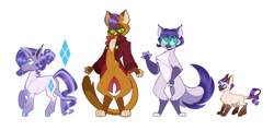 Size: 1280x613 | Tagged: safe, artist:vio-dacreator, derpibooru import, capper dapperpaws, rarity, oc, oc:clear cut polish, oc:iriedescent, abyssinian, hybrid, pony, unicorn, alternate design, capperity, family, female, interspecies offspring, male, offspring, parent:capper dapperpaws, parent:rarity, parents:capperity, shipping, simple background, straight, white background
