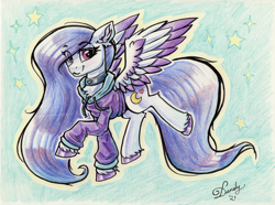 Size: 3600x2683 | Tagged: safe, artist:dandy, derpibooru import, oc, oc only, pegasus, pony, choker, clothes, colored pencil drawing, colored wings, female, gradient wings, high res, hoodie, looking at you, mare, raffle prize, signature, simple background, smiling, smiling at you, solo, traditional art, unshorn fetlocks, wings