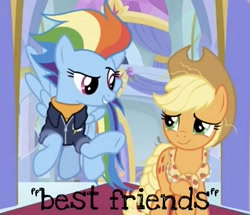 Size: 1255x1080 | Tagged: safe, derpibooru import, edit, edited screencap, screencap, applejack, rainbow dash, earth pony, pegasus, pony, the last problem, appledash, applejack's hat, best friends, clothes, cowboy hat, cropped, duo, duo female, female, hat, implied lesbian, jacket, lesbian, meme, older, older applejack, older rainbow dash, shipping, shipping fuel, text