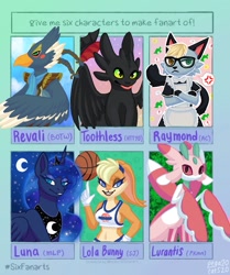 Size: 857x1024 | Tagged: safe, artist:pegacats, derpibooru import, princess luna, bird, cat, dragon, rabbit, animal, animal crossing, anthro with ponies, basket, bedroom eyes, clothes, crescent moon, cross-popping veins, crossdressing, crossed arms, crossover, ethereal mane, glasses, heterochromia, how to train your dragon, jewelry, lola bunny, looney tunes, lurantis, maid, moon, peytral, pokémon, raymond, six fanarts, space jam, starry mane, stars, the legend of zelda, tiara, toothless the dragon