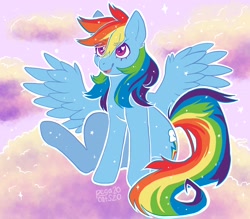 Size: 2048x1792 | Tagged: safe, artist:pegacats, derpibooru import, rainbow dash, pegasus, pony, cloud, cute, dashabetes, ethereal mane, eye clipping through hair, eyelashes, female, heart eyes, mare, on a cloud, open mouth, open smile, outdoors, sitting, smiling, solo, starry mane, wingding eyes