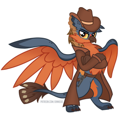 Size: 1000x976 | Tagged: safe, artist:jennieoo, derpibooru import, oc, oc:sparrow, griffon, cowboy, cowboy hat, crossed arms, griffon oc, hat, simple background, solo, spread wings, transparent background, vector, wings