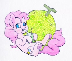 Size: 1888x1593 | Tagged: safe, artist:lost marbles, derpibooru import, pinkie pie, earth pony, pony, drink, food, glass, melon, soda, straw, traditional art, underhoof, watercolor painting