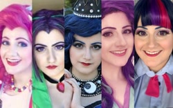 Size: 1155x720 | Tagged: safe, artist:sarahndipity cosplay, derpibooru import, aria blaze, pinkie pie, princess luna, starlight glimmer, twilight sparkle, human, equestria girls, clothes, cosplay, costume, eyeshadow, irl, irl human, makeup, photo