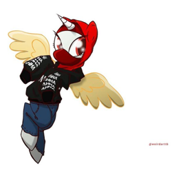 Size: 561x554 | Tagged: safe, artist:tialtri, artist:weirdarttb, derpibooru import, oc, oc:sinar bulan indonesia, alicorn, pony, black hoodie, clothes, colored wings, hijab, hoodie, indonesia, islam, looking back, mask, pants, signature, simple background, solo, transparent background, wings