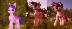 Size: 1854x738 | Tagged: safe, artist:valiant studios, derpibooru import, twilight sparkle, twilight sparkle (alicorn), alicorn, pony, 3d, chopsticks, dimensional shift, female, mare, nature, scan lines, solo, unreal engine, video game, walking