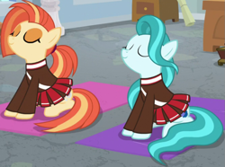 Size: 1003x747 | Tagged: safe, derpibooru import, screencap, lighthoof, shimmy shake, earth pony, pony, 2 4 6 greaaat, season 9, cheerleader, cheerleader outfit, clothes, cropped, cute, duo, eyes closed, female, mare, pleated skirt, skirt, yoga mat