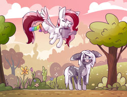 Size: 3120x2400 | Tagged: safe, artist:dsp2003, oc, oc only, oc:silverstreak, oc:toricelli, earth pony, pegasus, amputee, annoyed, blushing, clothes, cloud, commission, ears, eyes closed, female, floppy ears, flower, flying, glare, mare, mouth hold, rainbow socks, signature, socks, sparkles, striped socks, this will not end well, tree, watering can, wet, wet mane