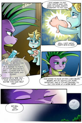 Size: 732x1091 | Tagged: safe, artist:candyclumsy, derpibooru import, spike, dragon, pony, unicorn, comic:revolution of harmony, eyes closed, older, older spike, piggy bank